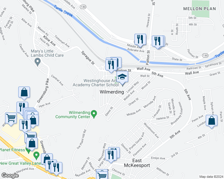 map of restaurants, bars, coffee shops, grocery stores, and more near 304 Westinghouse Avenue in Wilmerding