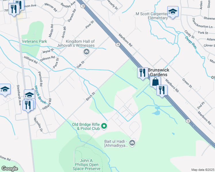 map of restaurants, bars, coffee shops, grocery stores, and more near 59 Birch Street in Old Bridge
