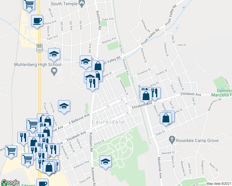 map of restaurants, bars, coffee shops, grocery stores, and more near 3533 Ridgeway Street in Laureldale