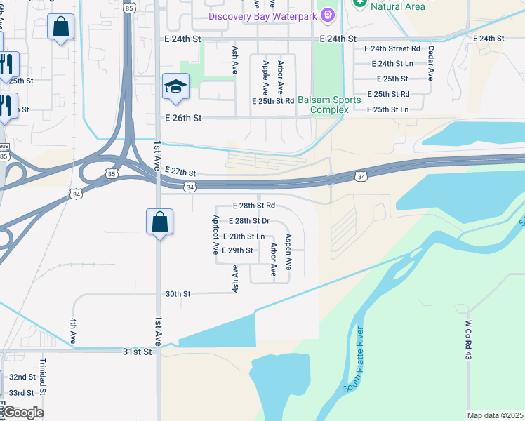 map of restaurants, bars, coffee shops, grocery stores, and more near 504 East 28th Street Drive in Greeley
