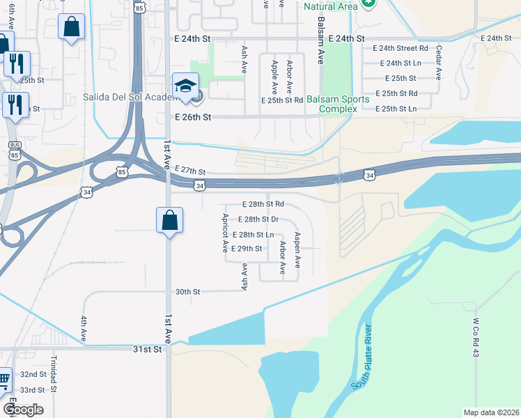 map of restaurants, bars, coffee shops, grocery stores, and more near 504 East 28th Street Drive in Greeley