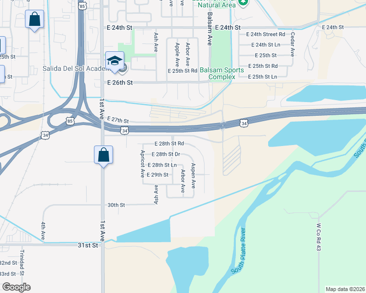 map of restaurants, bars, coffee shops, grocery stores, and more near 504 East 28th Street Drive in Greeley