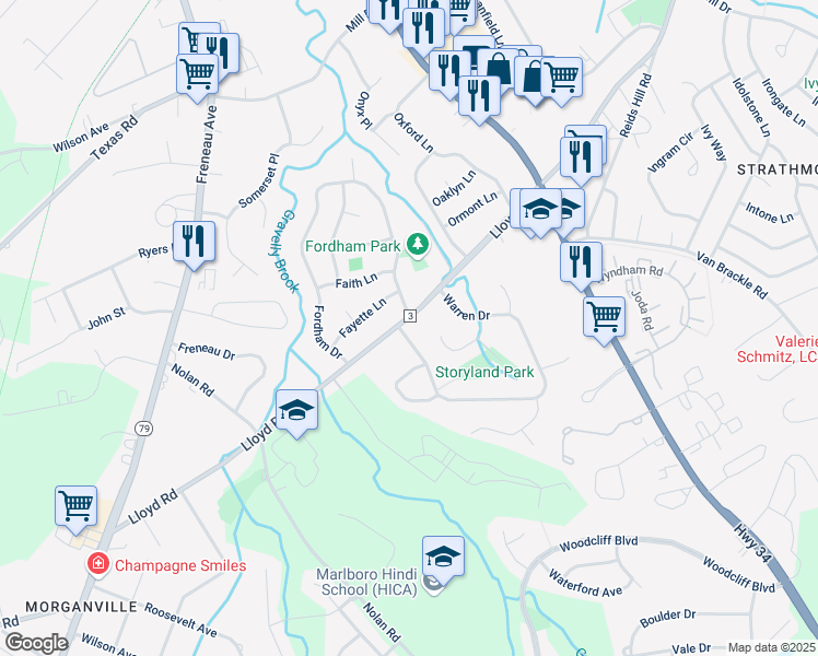 map of restaurants, bars, coffee shops, grocery stores, and more near 1 Warren Drive in Aberdeen Township