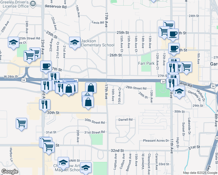 map of restaurants, bars, coffee shops, grocery stores, and more near 2845 16th Avenue in Greeley