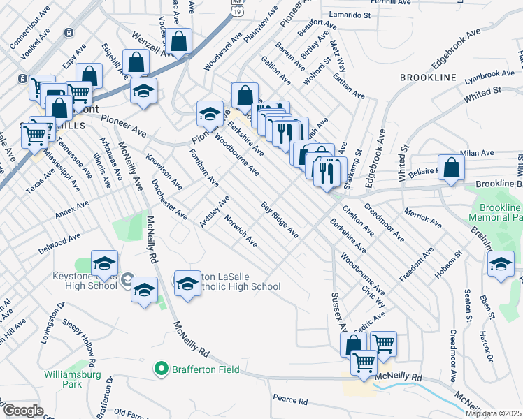 map of restaurants, bars, coffee shops, grocery stores, and more near 904 Fordham Avenue in Pittsburgh