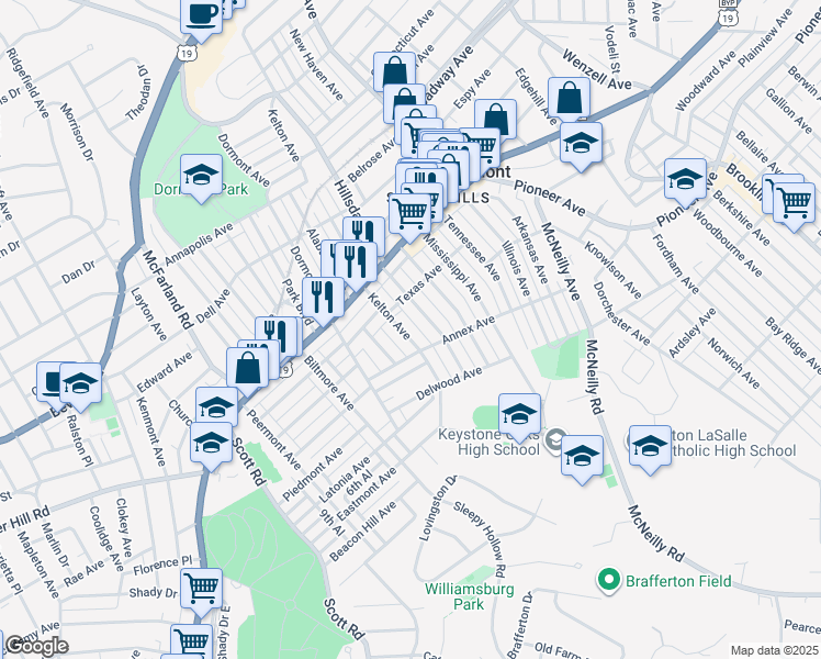 map of restaurants, bars, coffee shops, grocery stores, and more near 1203 Kelton Avenue in Pittsburgh