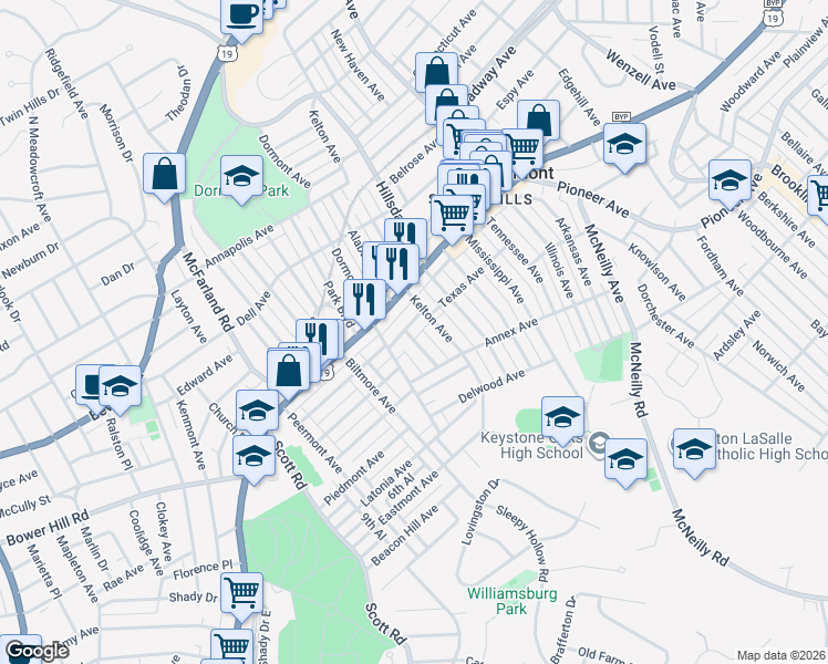 map of restaurants, bars, coffee shops, grocery stores, and more near 1221 Oklahoma Avenue in Pittsburgh