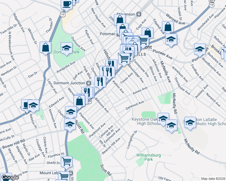map of restaurants, bars, coffee shops, grocery stores, and more near 1221 Oklahoma Avenue in Pittsburgh