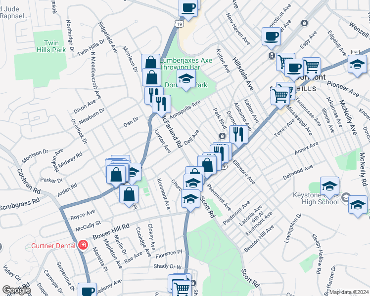 map of restaurants, bars, coffee shops, grocery stores, and more near 204 Edward Avenue in Pittsburgh