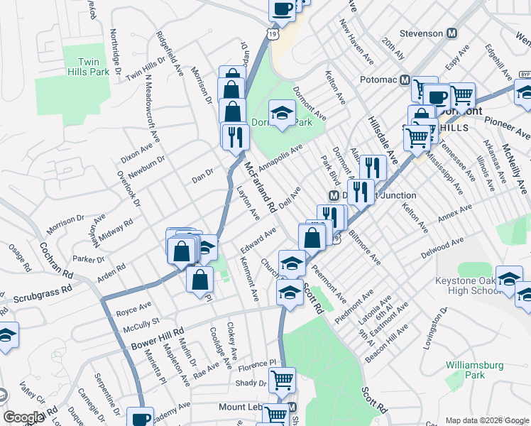 map of restaurants, bars, coffee shops, grocery stores, and more near 204 Edward Avenue in Pittsburgh