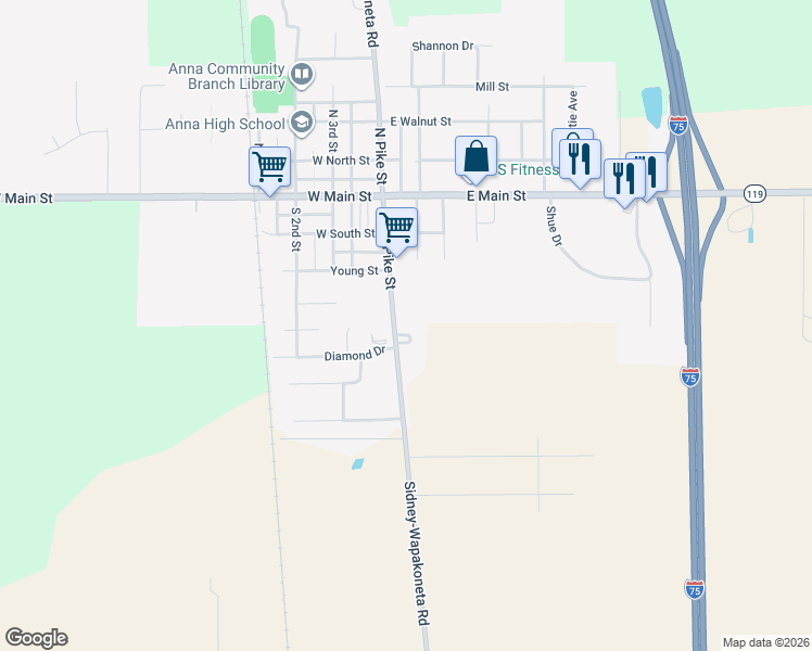 map of restaurants, bars, coffee shops, grocery stores, and more near 13201 Sidney-Wapakoneta Road in Anna