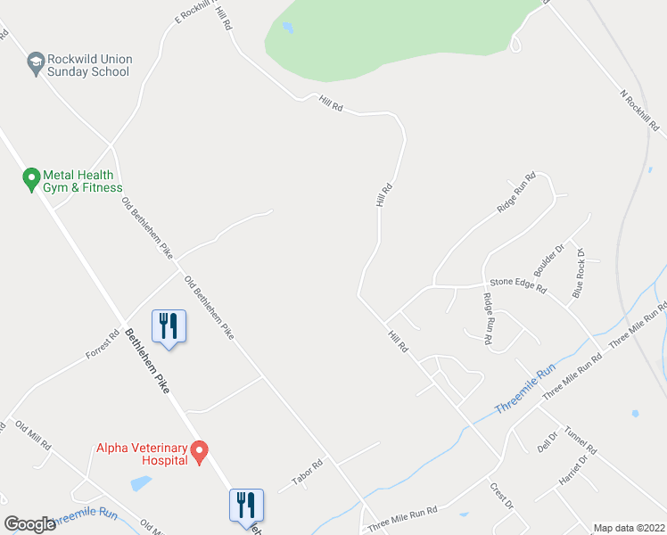 map of restaurants, bars, coffee shops, grocery stores, and more near 2408 Hill Road in Sellersville