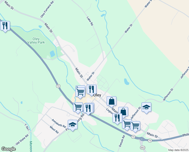 map of restaurants, bars, coffee shops, grocery stores, and more near 19 Water Street in Oley