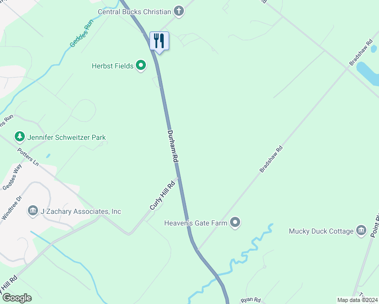 map of restaurants, bars, coffee shops, grocery stores, and more near 5291 Durham Road in Bucks County