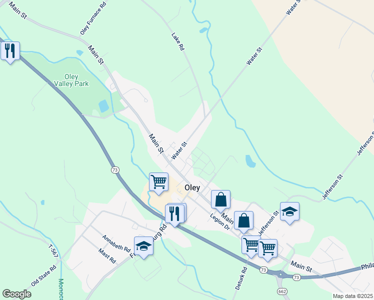 map of restaurants, bars, coffee shops, grocery stores, and more near 19 Water Street in Oley