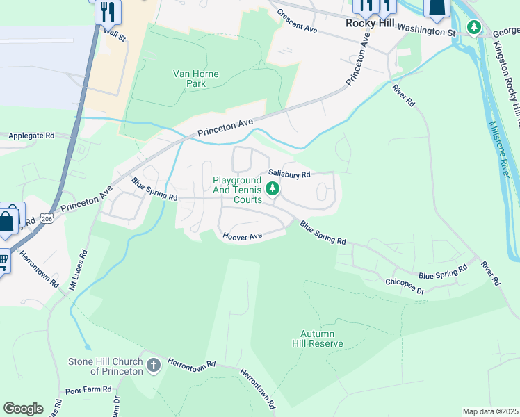 map of restaurants, bars, coffee shops, grocery stores, and more near 51 Truman Avenue in Princeton