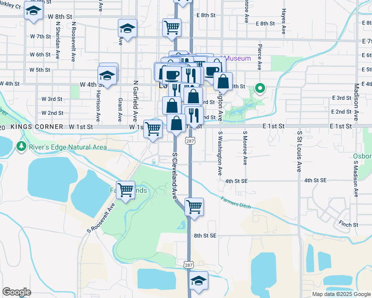map of restaurants, bars, coffee shops, grocery stores, and more near 201 South Lincoln Avenue in Loveland