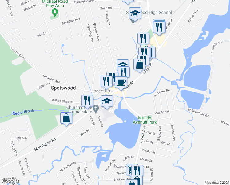 map of restaurants, bars, coffee shops, grocery stores, and more near in Spotswood
