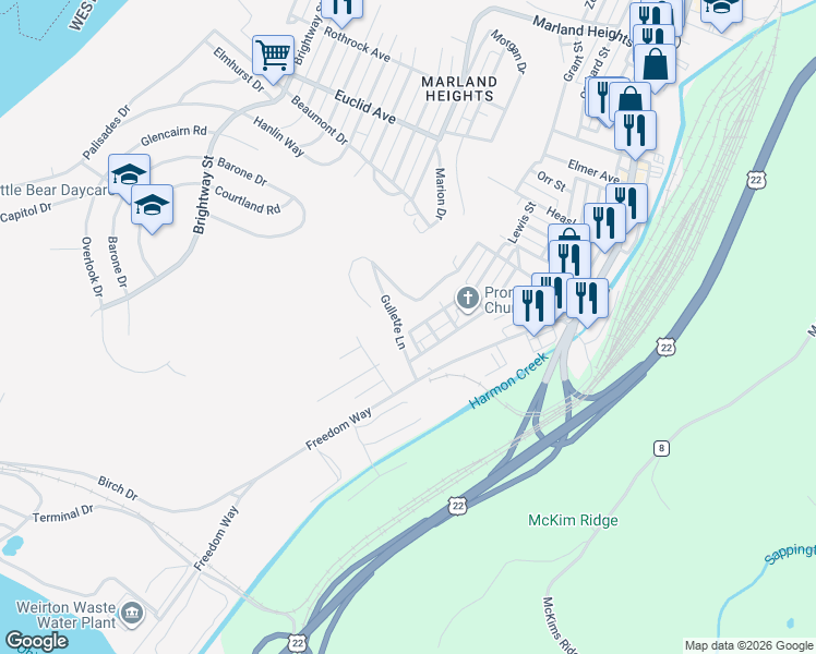 map of restaurants, bars, coffee shops, grocery stores, and more near 100-180 White Park Dr in Weirton