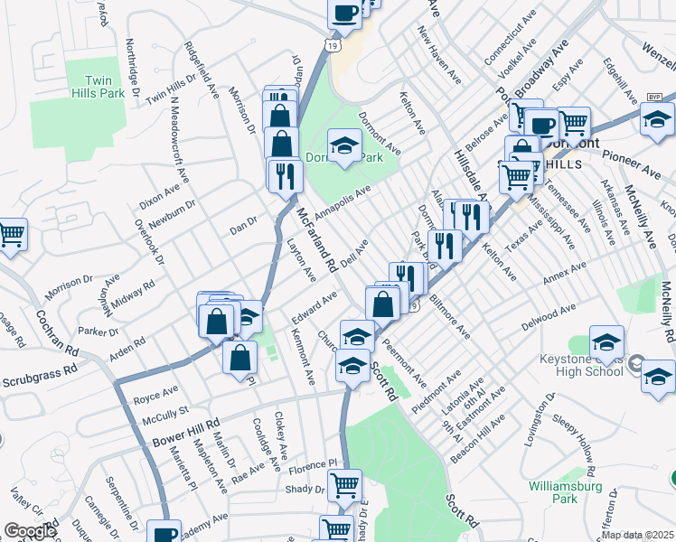 map of restaurants, bars, coffee shops, grocery stores, and more near 1490 McFarland Road in Pittsburgh