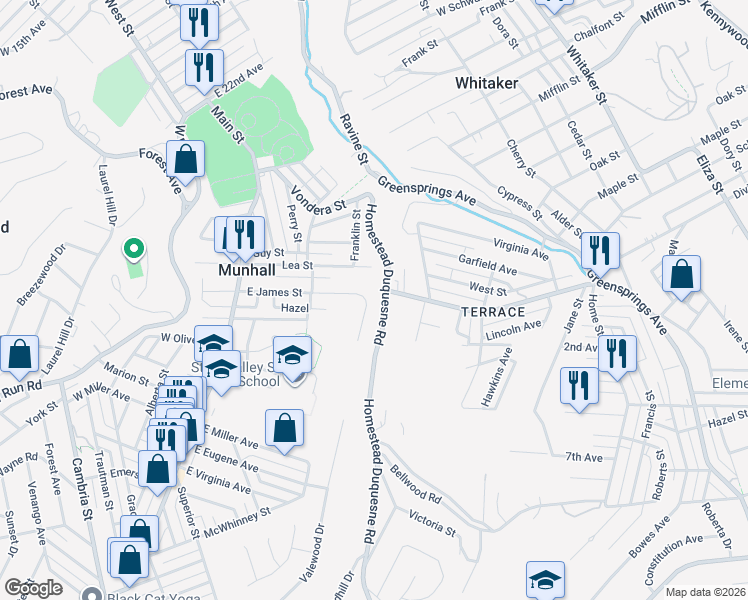 map of restaurants, bars, coffee shops, grocery stores, and more near 133 Homestead Duquesne Road in Homestead