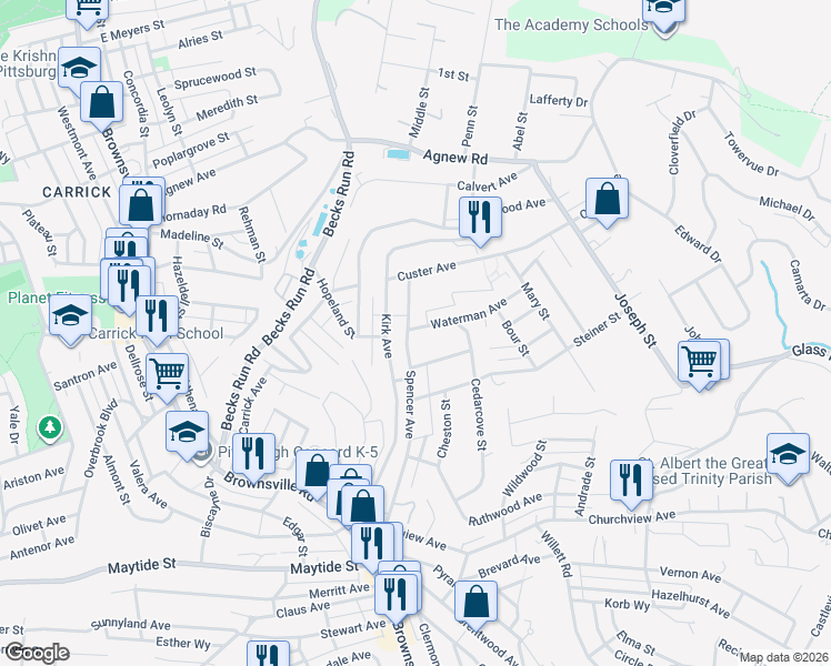 map of restaurants, bars, coffee shops, grocery stores, and more near 2721 Waterman Avenue in Pittsburgh