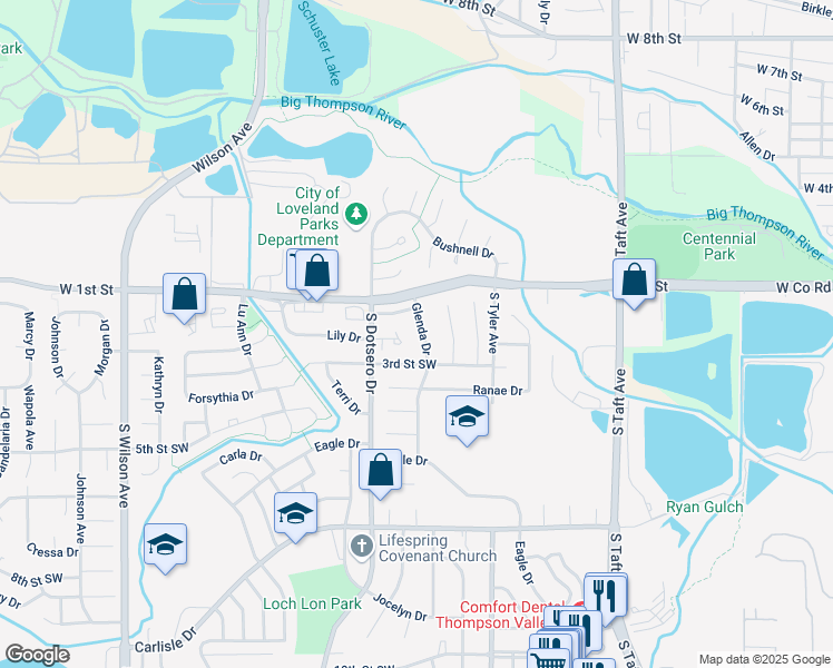 map of restaurants, bars, coffee shops, grocery stores, and more near 127 Glenda Drive in Loveland