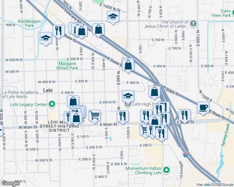 map of restaurants, bars, coffee shops, grocery stores, and more near 481 East 200 North Street in Lehi