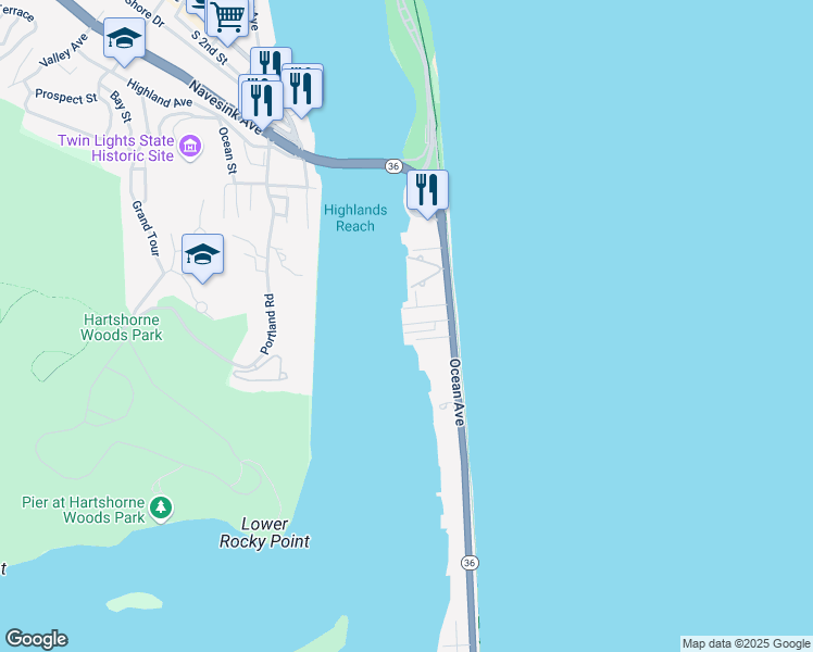 map of restaurants, bars, coffee shops, grocery stores, and more near 41 Waterview Way in Sea Bright