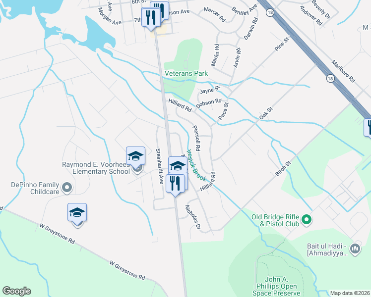 map of restaurants, bars, coffee shops, grocery stores, and more near 12 Mimi Road in Old Bridge
