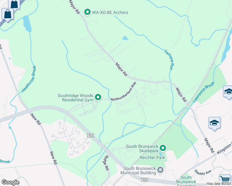 map of restaurants, bars, coffee shops, grocery stores, and more near in South Brunswick Township