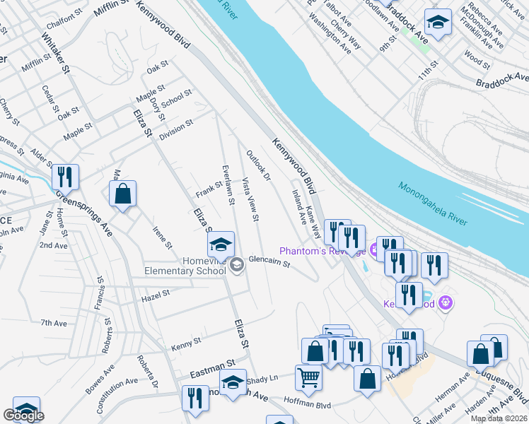 map of restaurants, bars, coffee shops, grocery stores, and more near 4009 Vista View Street in West Mifflin