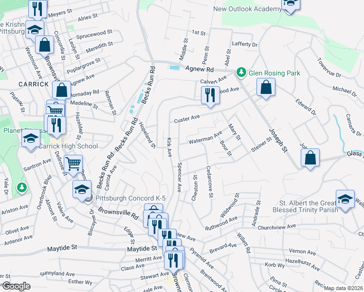 map of restaurants, bars, coffee shops, grocery stores, and more near 2721 Waterman Avenue in Pittsburgh