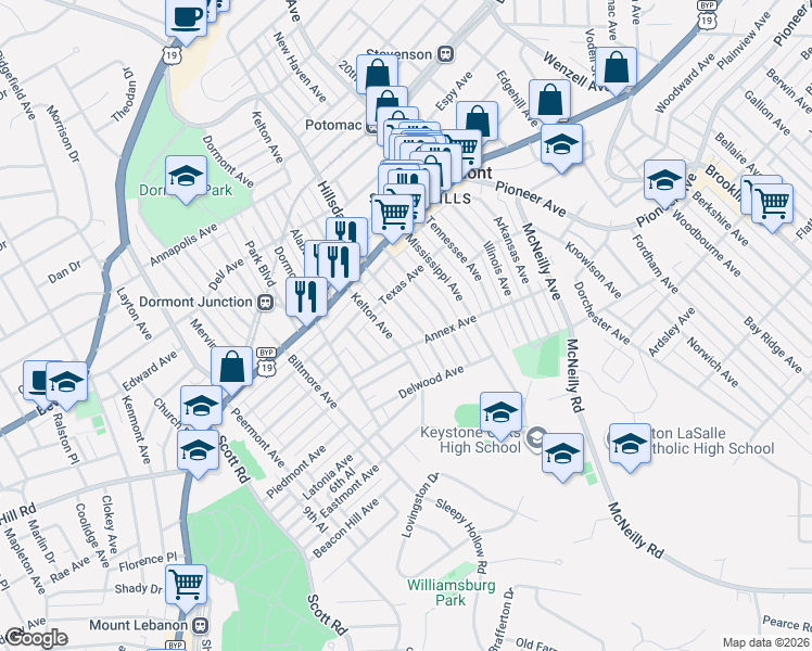 map of restaurants, bars, coffee shops, grocery stores, and more near 1246 Hillsdale Avenue in Pittsburgh