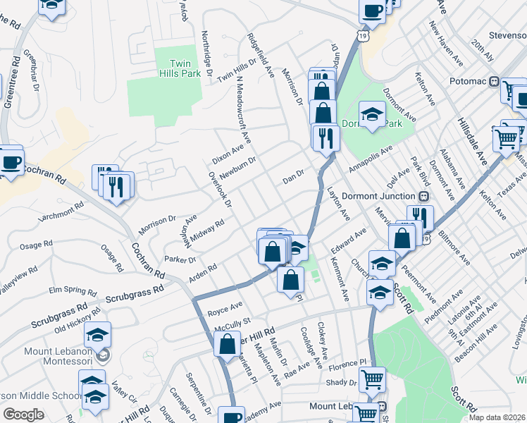 map of restaurants, bars, coffee shops, grocery stores, and more near 520 Hillcrest Place in Pittsburgh