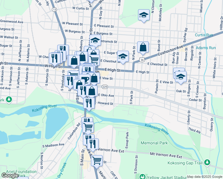 map of restaurants, bars, coffee shops, grocery stores, and more near 121 East Gambier Street in Mount Vernon