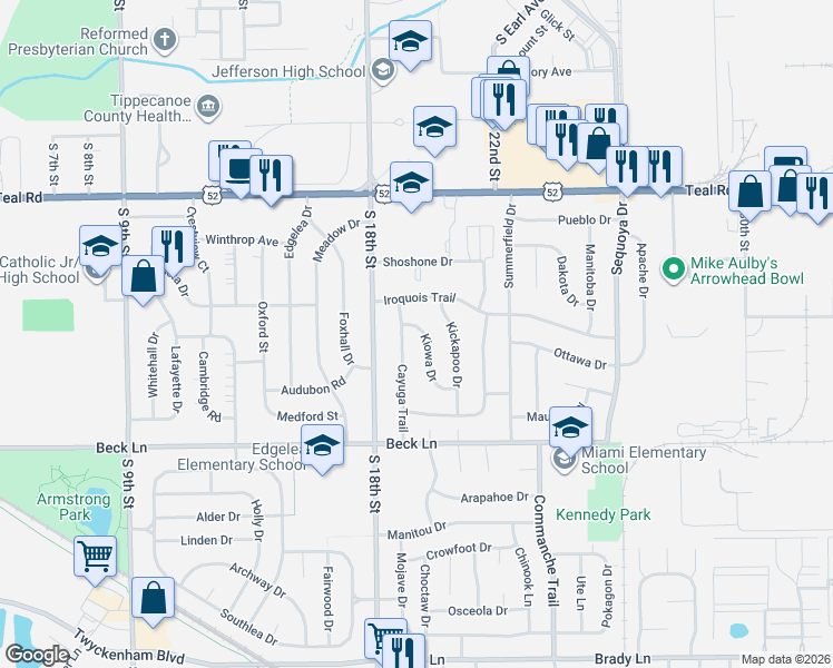 map of restaurants, bars, coffee shops, grocery stores, and more near 2401 Kickapoo Drive in Lafayette