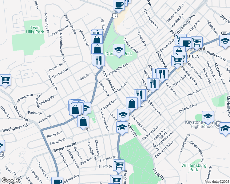 map of restaurants, bars, coffee shops, grocery stores, and more near McFarland Rd & Dell Ave in Mt Lebanon