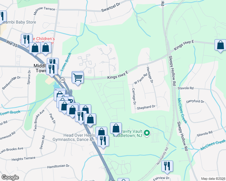 map of restaurants, bars, coffee shops, grocery stores, and more near 380 Kings Highway East in Middletown