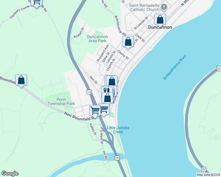 map of restaurants, bars, coffee shops, grocery stores, and more near 125 North Market Street in Duncannon