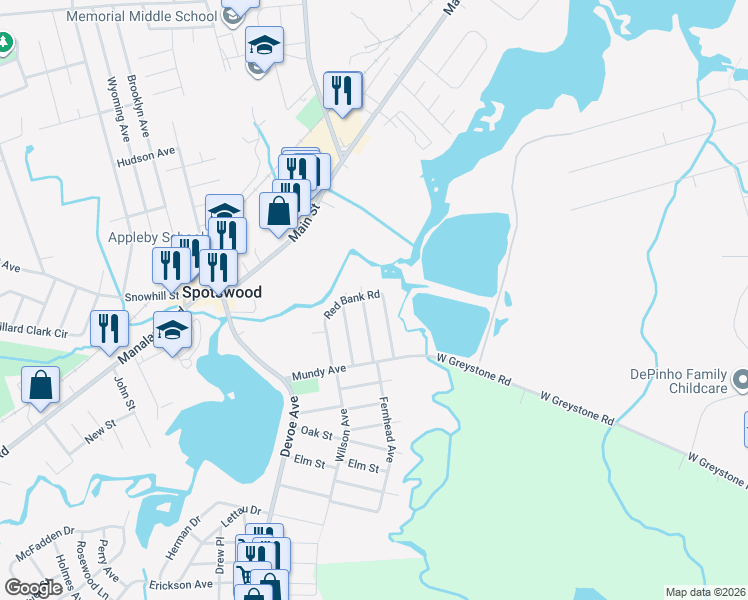map of restaurants, bars, coffee shops, grocery stores, and more near 59 Red Bank Road in Spotswood