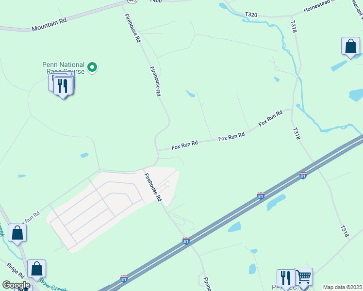 map of restaurants, bars, coffee shops, grocery stores, and more near Fox Run Road in Grantville