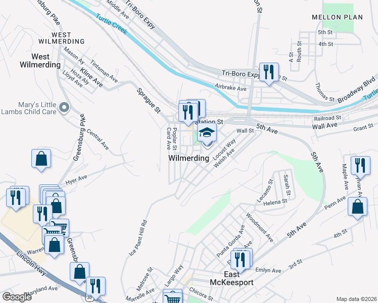 map of restaurants, bars, coffee shops, grocery stores, and more near 300 Westinghouse Avenue in Wilmerding