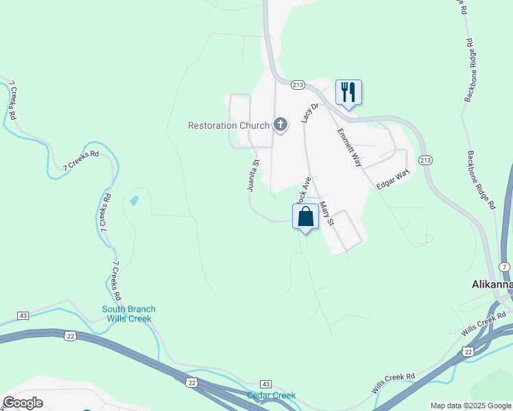 map of restaurants, bars, coffee shops, grocery stores, and more near 117 Juanita Street in Steubenville