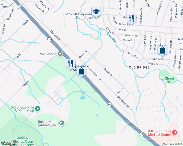 map of restaurants, bars, coffee shops, grocery stores, and more near 579 County Road 700 in Old Bridge
