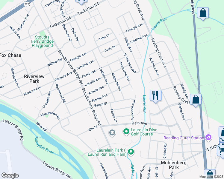 map of restaurants, bars, coffee shops, grocery stores, and more near 3501 Lantana Ave in Reading