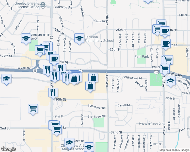 map of restaurants, bars, coffee shops, grocery stores, and more near 1905 28th Street in Greeley