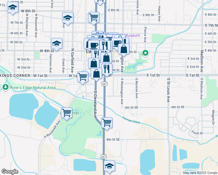 map of restaurants, bars, coffee shops, grocery stores, and more near 129 South Jefferson Avenue in Loveland