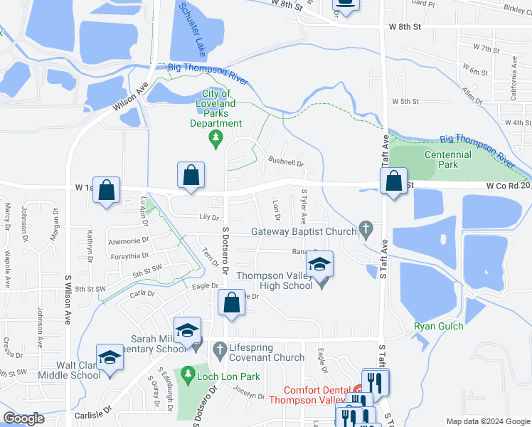 map of restaurants, bars, coffee shops, grocery stores, and more near 121 Lori Drive in Loveland