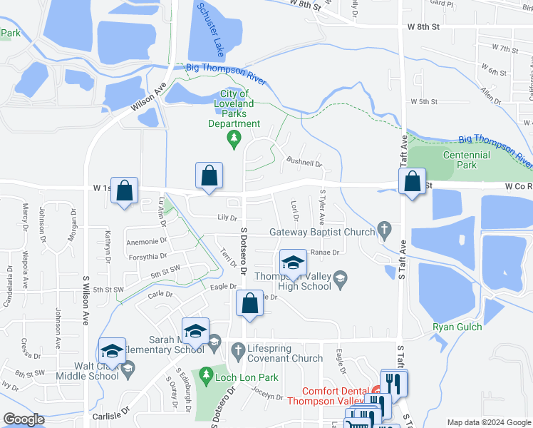 map of restaurants, bars, coffee shops, grocery stores, and more near 127 Glenda Drive in Loveland
